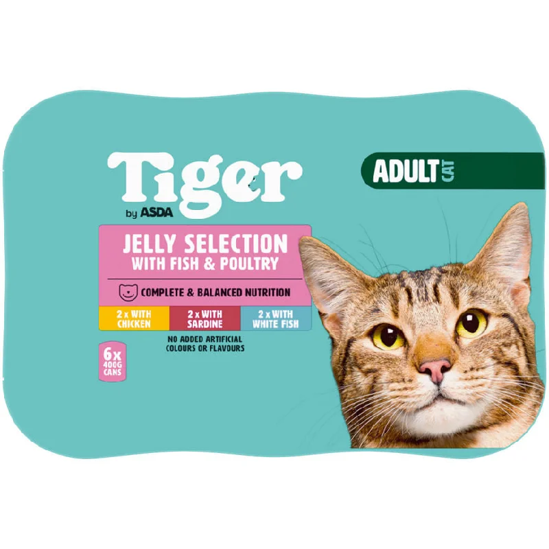    - Fish-based cat food  Tiger by ASDA Adult Cat Food Jelly Selection with Fish & Poultry 6 x 400g Cans