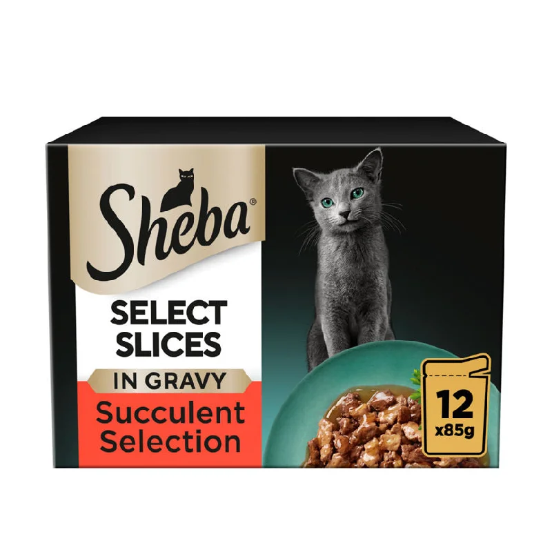    - High-fiber cat food  Sheba Select Slices Cat Food Pouches Succulent Selection in Gravy