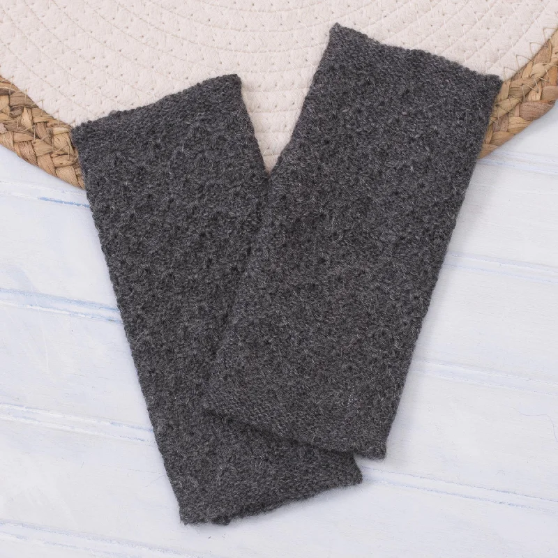 ---Passionate Pattern in Graphite Patterned 100% Baby Alpaca Fingerless Mitts in Graphite