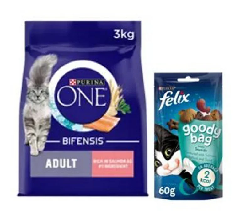    - Cat food for picky eaters  Purina One Adult Dry Cat Food 3kg & Felix Goody Bag Bundle