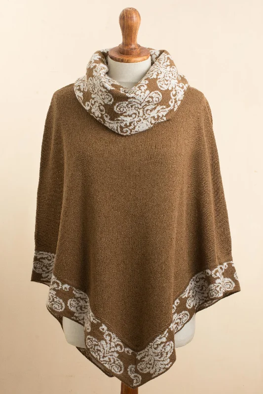 ---Glamour Glimpses Sepia Brown and Ivory Alpaca Blend Cowl Neck Knit Poncho