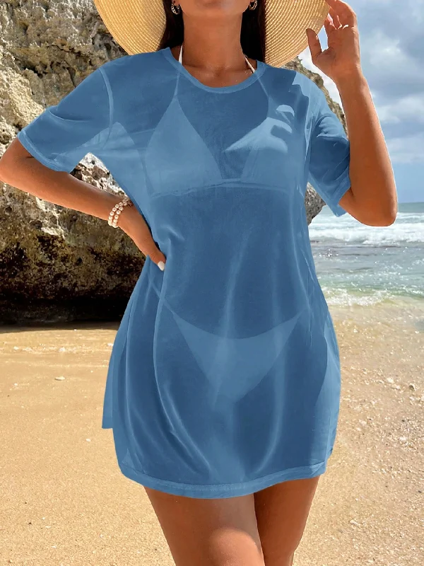 - ​​Pet toys under    yuanSHEIN Swim Vcay Solid Round Neck Sheer Short Sleeve Cover Up Dress, Ideal For Beach Vacation